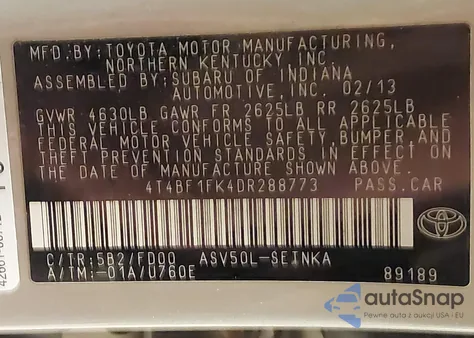 2013 Toyota Camry Le из США, поврежденный, VIN 4T4BF1FK4DR288773